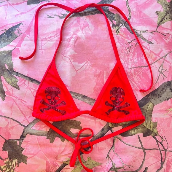 red y2k rhinestone pirate skull triangle bikini top - Picture 1 of 8